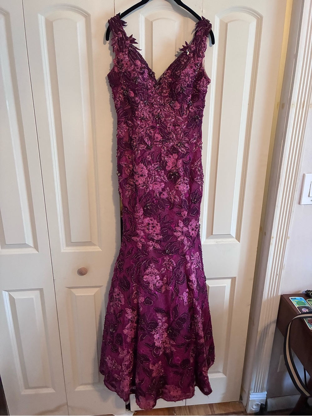 Ysa Makino Deep Magenta Floral Lace Evening Gown
